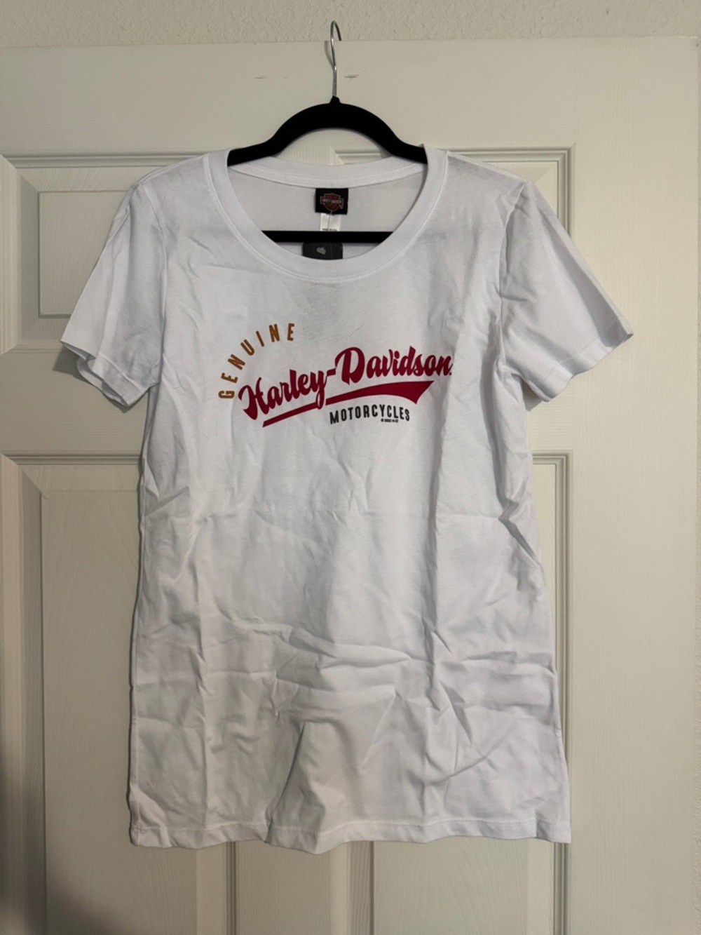 Harley-Davidson White Tee with Red Script and Gold Accent